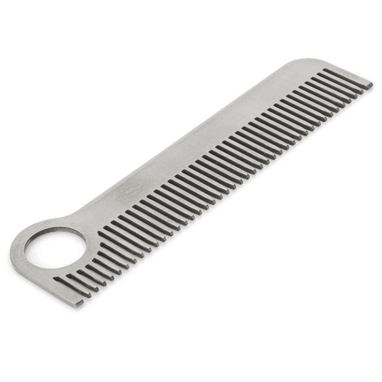 Stainless steel grooming comb with circular hole and fine, evenly spaced teeth