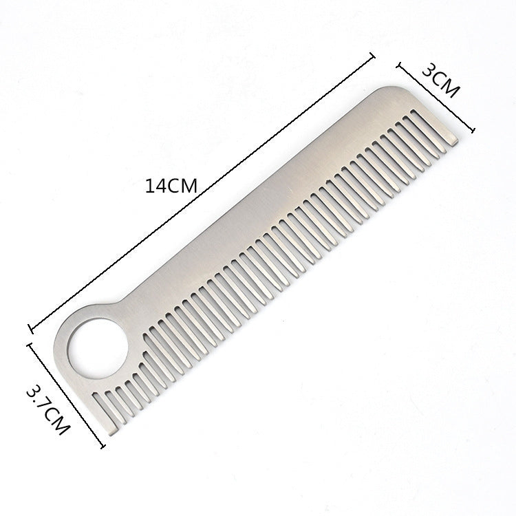 Stainless steel pocket comb with circular hole and fine teeth, size-marked