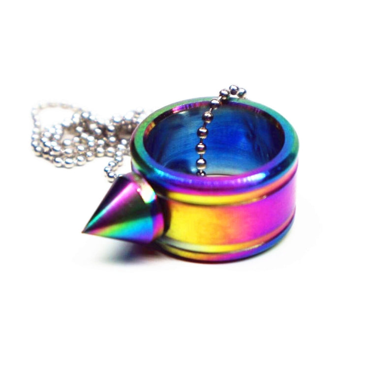 Iridescent stainless steel self-defense ring with spike top and linked chain