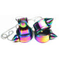 Pair of iridescent stainless steel self-defense rings with spike cones and chains