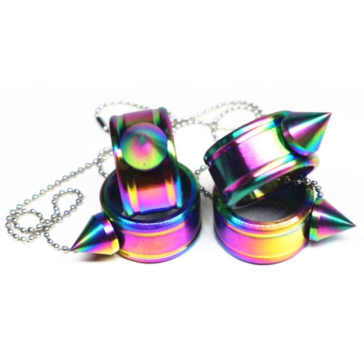 Pair of iridescent stainless steel self-defense rings with spike cones and chains