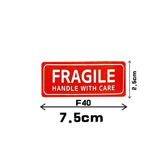 Fragile handle with care sticker size diagram, F40, 7.5 cm by 2.5 cm