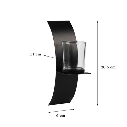 Black arc wall hanging iron candle holder with clear glass cup, dimensions shown