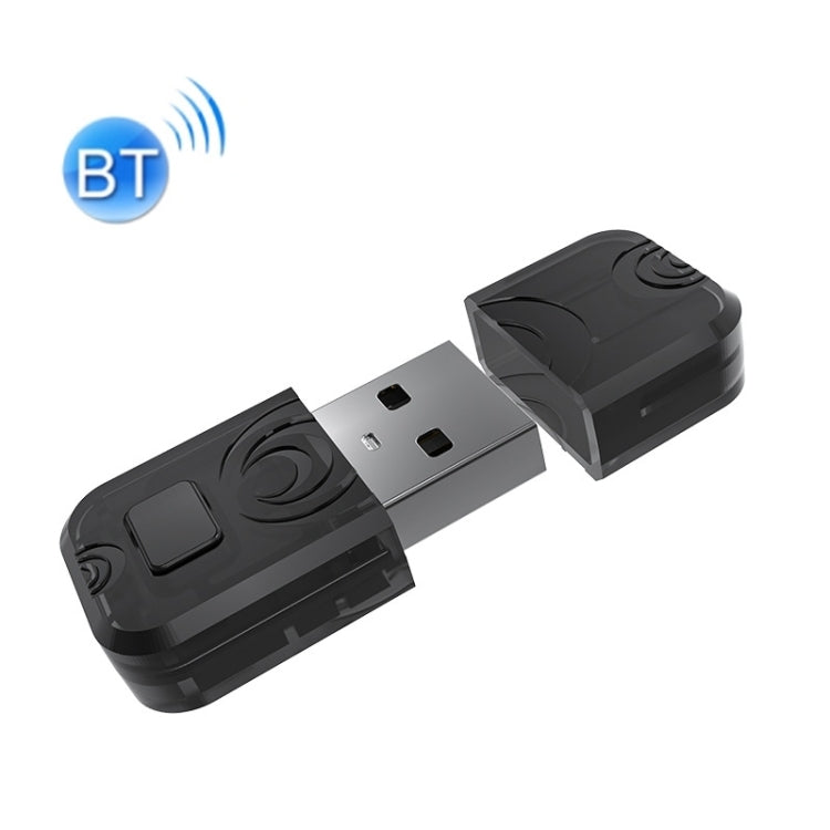 Black Bluetooth audio transmitter USB adapter with hinged connector and small status icon