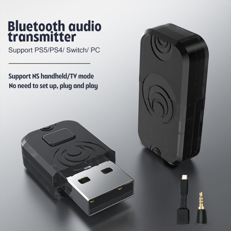 Black Bluetooth audio transmitter USB adapter with built-in input jack and spare cable ends