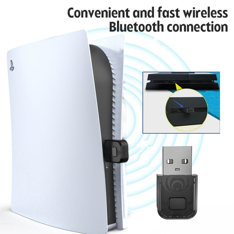 Bluetooth audio transmitter USB adapter shown connected to PS5 console front edge