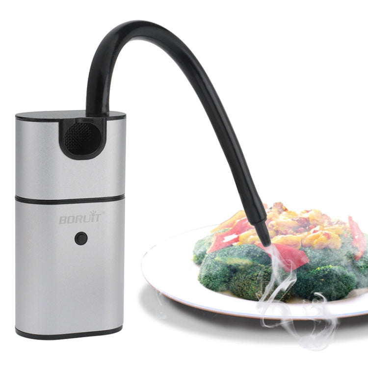 Handheld smoking tool with silver body and black curved exhaust hose