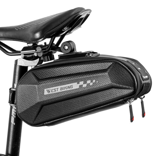 Black hard-shell bicycle tail bag with West Biking logo, mounted on quick-release bracket