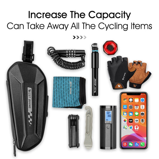 Black hard-shell bicycle tail bag with zipper, opened to show cycling items storage