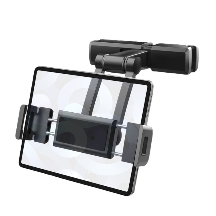 Car back seat phone holder with telescopic clamp and rectangular screen cradle, black