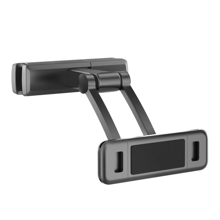 Car back seat phone holder with telescopic arm and adjustable rectangular cradle, black