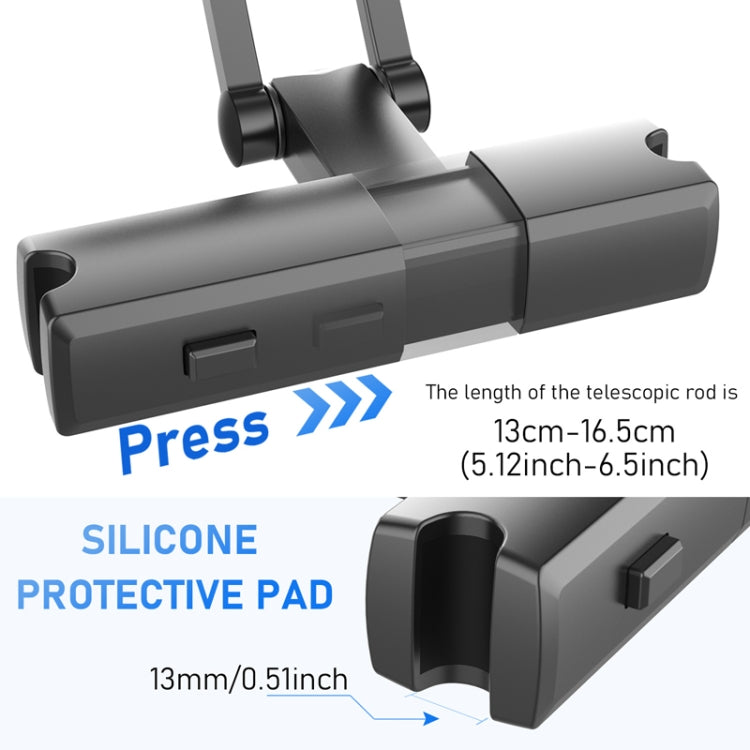 Telescopic back seat phone holder with silicone protective pads on clamp, black