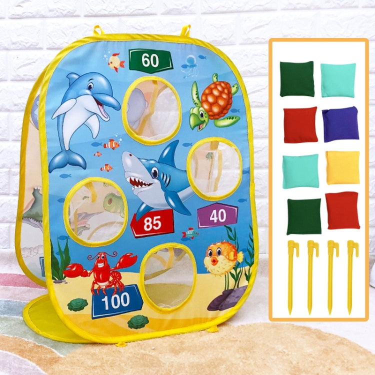 Ocean animal folding throwing sandbag tent toy with yellow trim, window targets, and carry bag