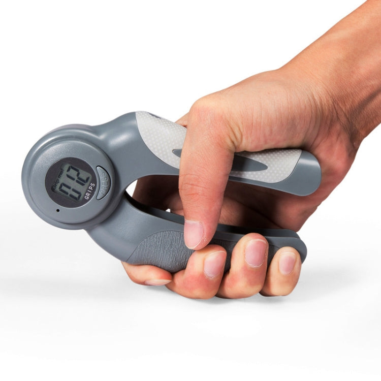 Digital hand gripper with textured blue-gray handles and round counting display