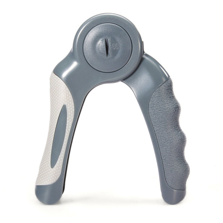Blue-gray electronic hand gripper with oval top button and contoured grip handles