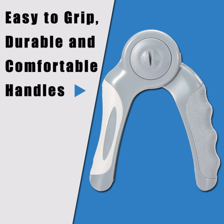 Blue-gray adjustable hand gripper with textured grip pads and comfortable handle shape