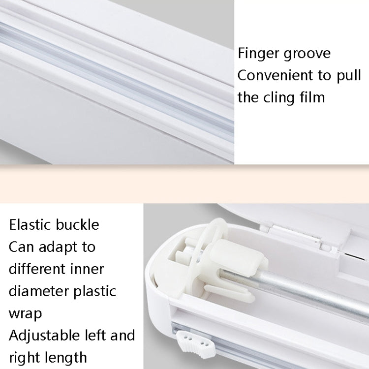 Cling film cutter with finger groove and adjustable latch for different wrap rolls