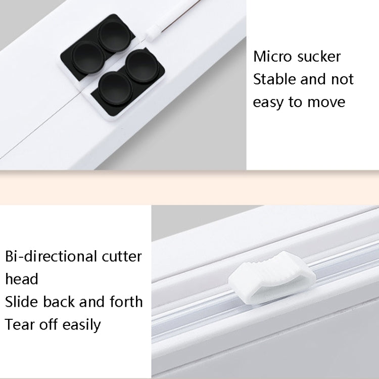 Cling film cutter with suction cups and sliding bi-directional cutting head