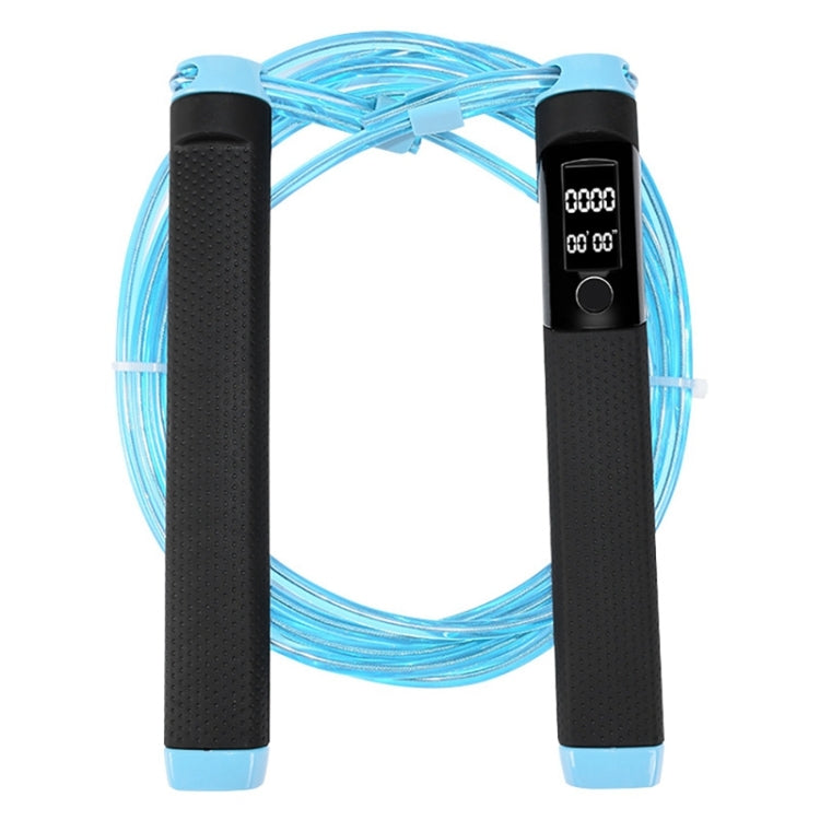 Electronic skipping rope with black handles and bright blue coiled rope