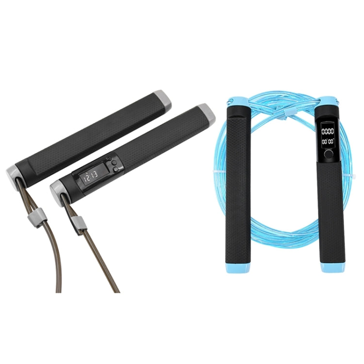 Electronic skipping rope set with black handles and bright blue jump rope loop