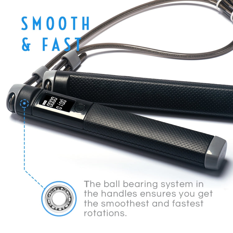 Electronic skipping rope with textured black handles and digital counter on grip