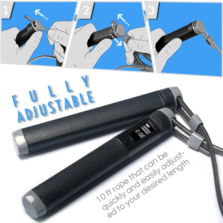 Adjustable electronic skipping rope with black handles and coiled cable