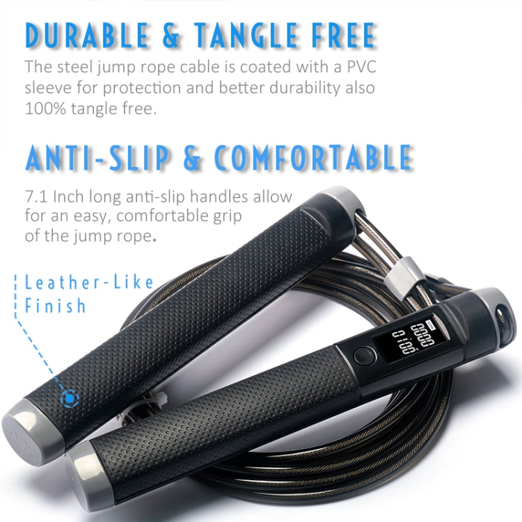 Anti-slip electronic skipping rope with textured black handles and digital counter