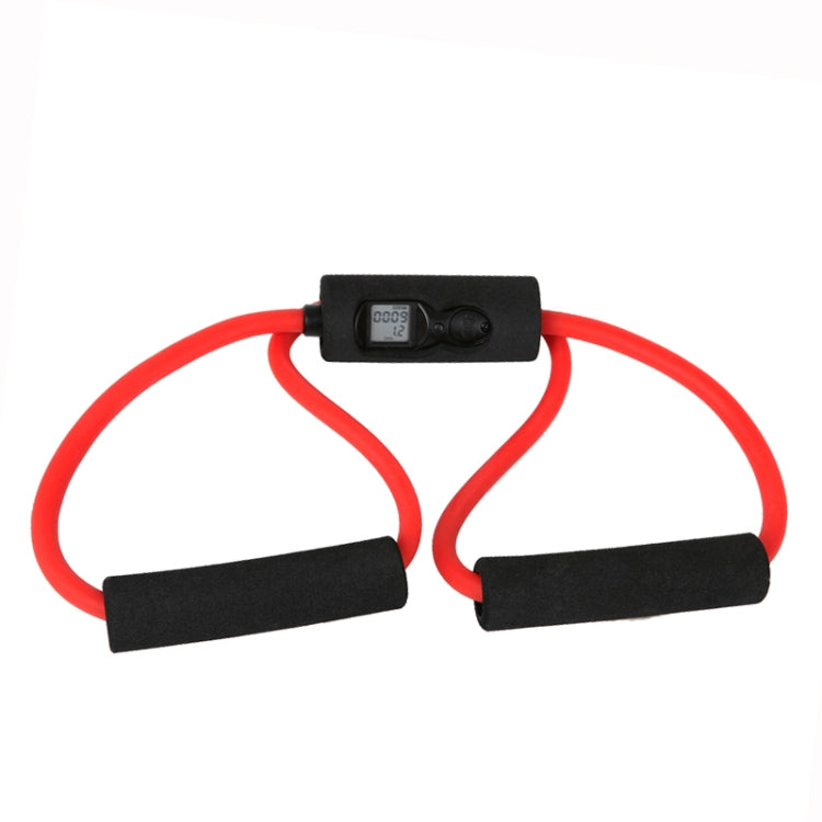 Digital resistance band controller with red elastic loop and three black foam grips