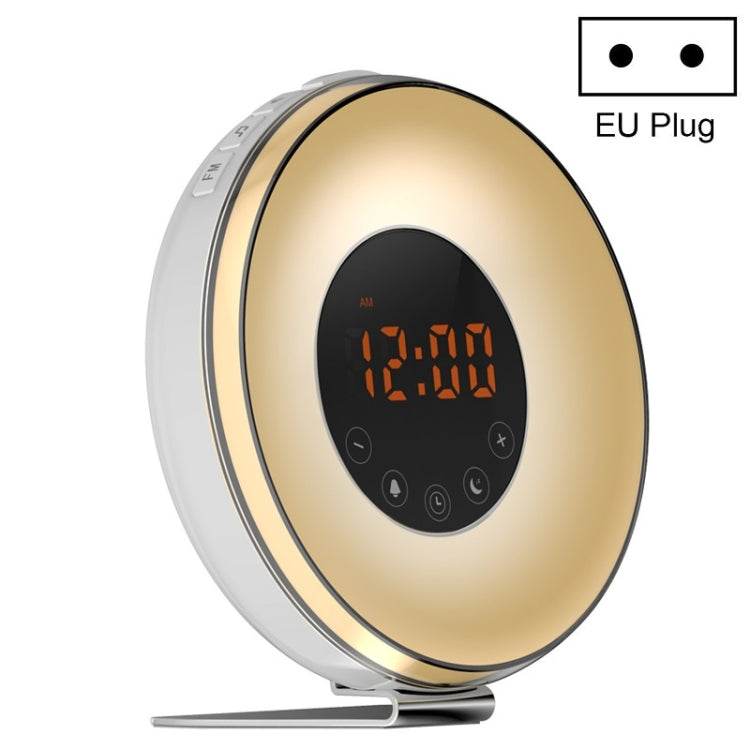 Simulated sunrise sleep light alarm clock with EU plug, gold body, orange digital time
