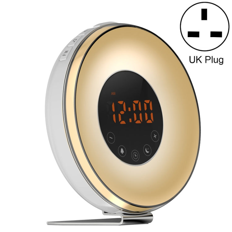 Simulated sunrise sleep light alarm clock with UK plug, gold body, orange digital time