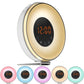 Sleep light alarm clock with orange digital time, black control panel, gold globe