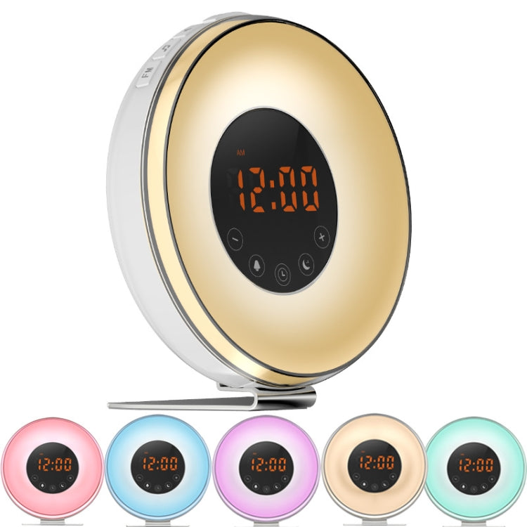 Sleep light alarm clock with orange digital time, black control panel, gold globe