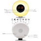 Sleep light alarm clock diagram, gold globe front with orange digital time and buttons
