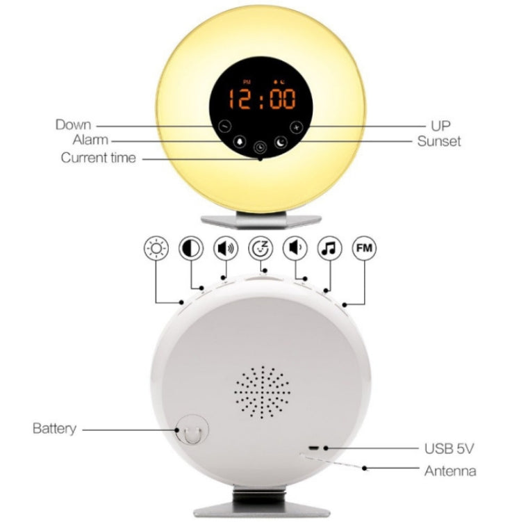 Sleep light alarm clock diagram, gold globe front with orange digital time and buttons