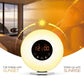 Sunrise/sunset sleep light alarm clock with gold globe and orange digital time, bedside stand