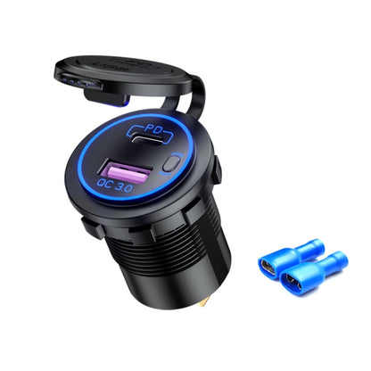 Black car USB charger with blue PD light ring and QC 3.0 display