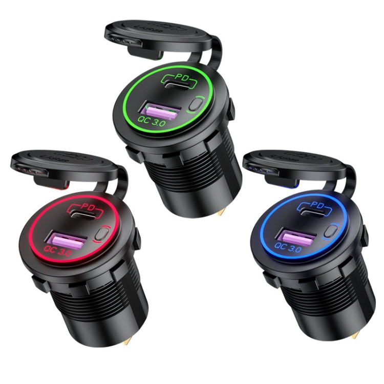 Set of three black car USB chargers with red, green, and blue light rings