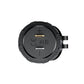 Back of black car USB charger with plus and minus icons and USB label