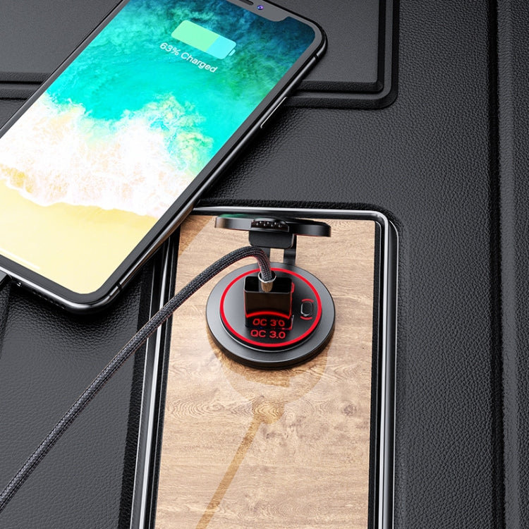 Black car USB charger with red QC 3.0 ring charging a smartphone in car