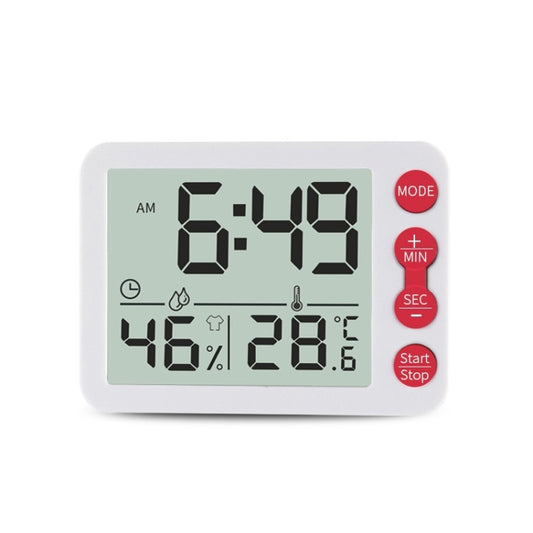 Digital indoor thermometer and hygrometer alarm clock with large display and red buttons