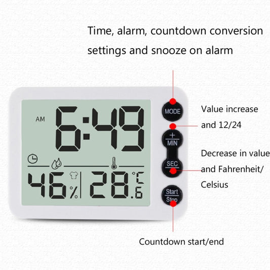 Digital indoor thermometer and hygrometer alarm clock with side button controls and LCD display