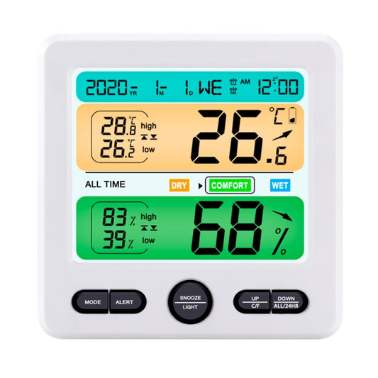 White digital thermometer and hygrometer clock, large LCD for temperature and humidity