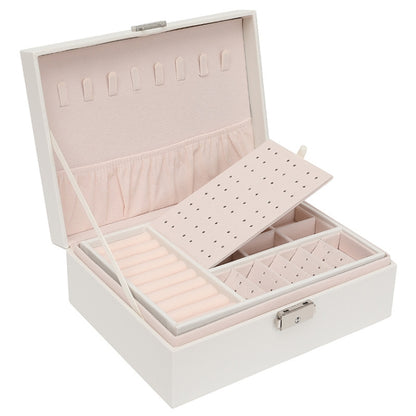 White double-layer jewelry box open with earring slots, stud tray, and lock clasp