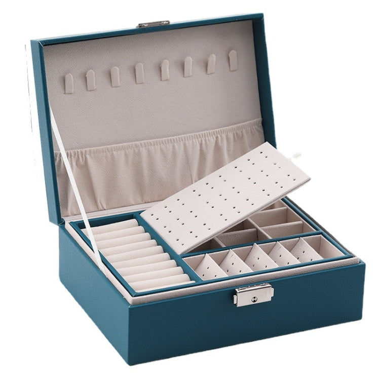 Blue-green jewelry box open with earring slots, stud tray, and front lock clasp