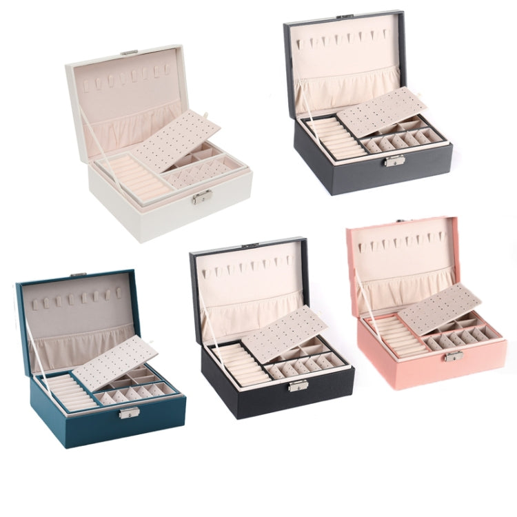 Set of jewelry boxes in multiple colors, shown open with earring slots and storage trays