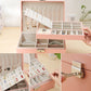 Pink jewelry box open with earring slots, compartments, and decorative jewelry inside