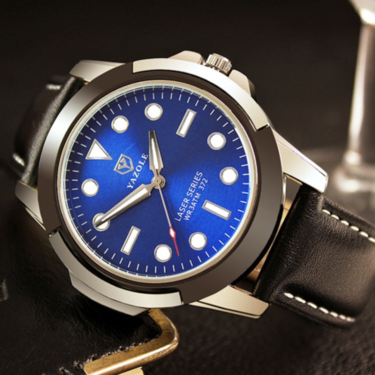 Men's sports watch with blue dial and black leather strap, silver-toned round case