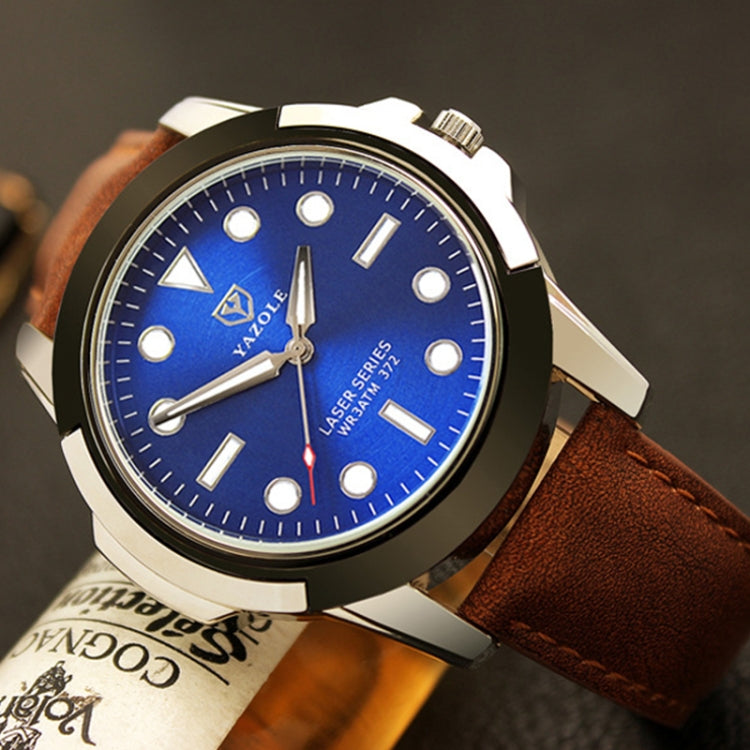 Men's sports watch with blue dial and brown leather strap, silver-toned round case