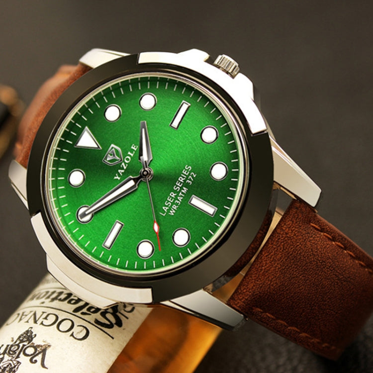 Men's sports watch with green dial and brown leather strap, silver-toned round case