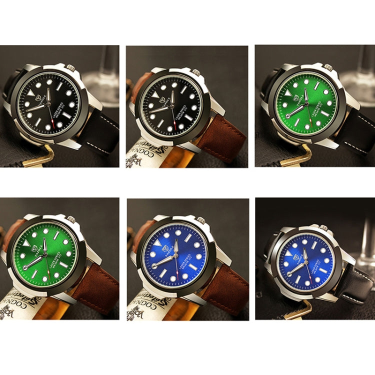 Men's sports watch collage showing black, green, and blue dials on leather straps